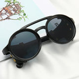 Steampunk Shield Sunglasses – Classic Round Retro Shades with Side Leather Panels & UV400 Protection (Unisex)