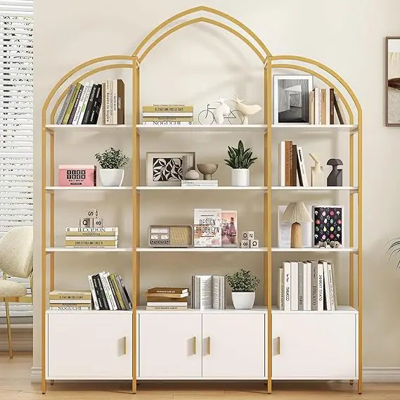 5-Tier L-Shaped Corner Bookcase – White & Gold Modern Display Shelf with Adjustable Feet & Anti-Tip Design