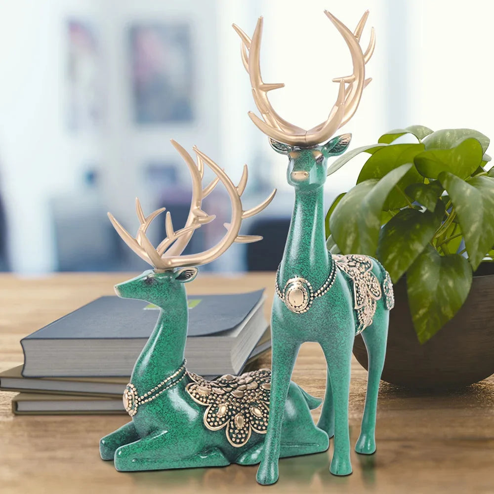 Blue-Green Resin Deer Sculpture – Elegant Reindeer Figurine for Modern Home & Office Décor