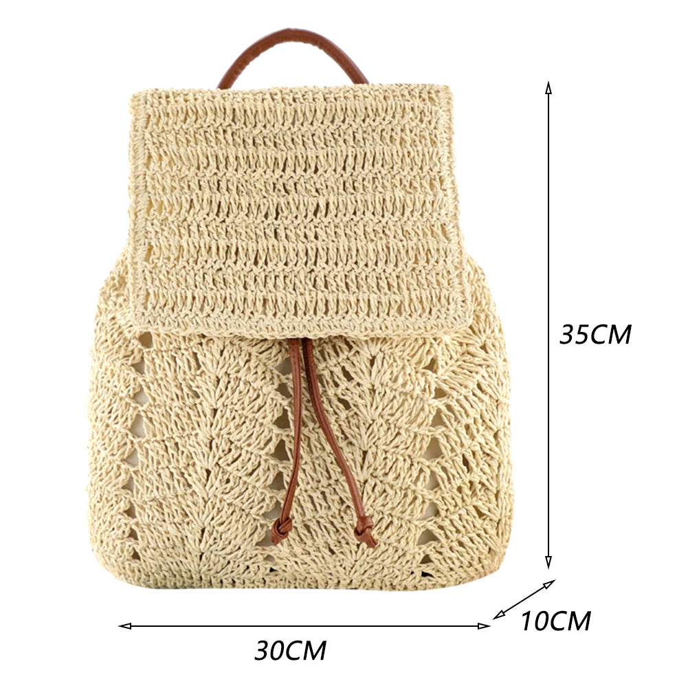Woven Straw Shoulder Backpack for Women – Summer Beach & Holiday Bucket Purse Bag
