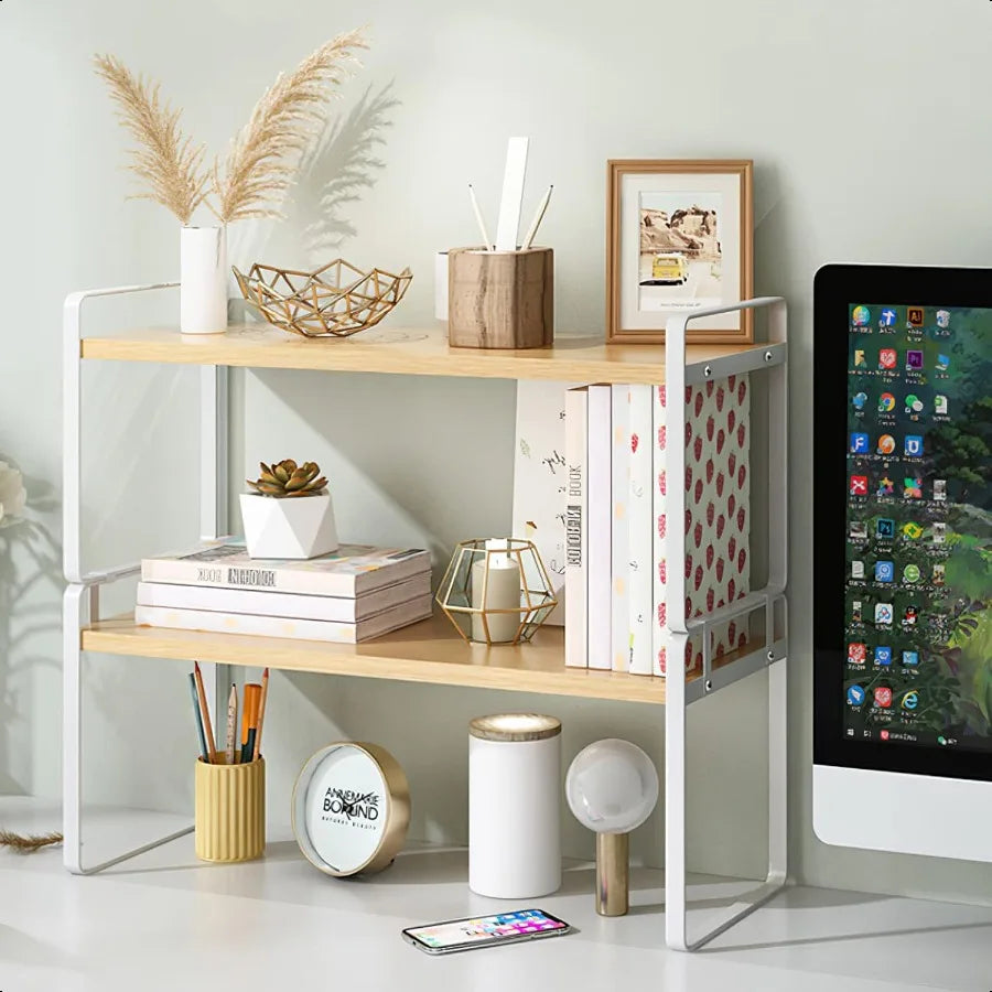 Wood Office Desk Shelf Organizer – 2-Tier Desktop Storage Rack & Cubicle Decor