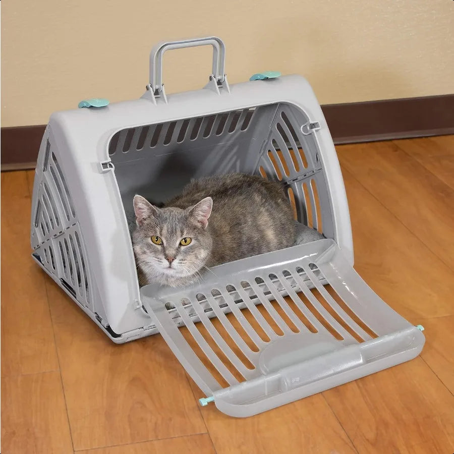 Sport Pet Foldable Travel Cat Carrier – Collapsible Plastic Crate with Front Door & Waterproof Bed, Gray