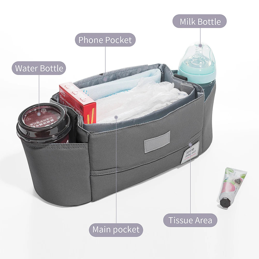Universal Baby Stroller Organizer & Expandable Diaper Bag – Shoulder Strap, Cup Holder & Zipper Pocket Travel Caddy