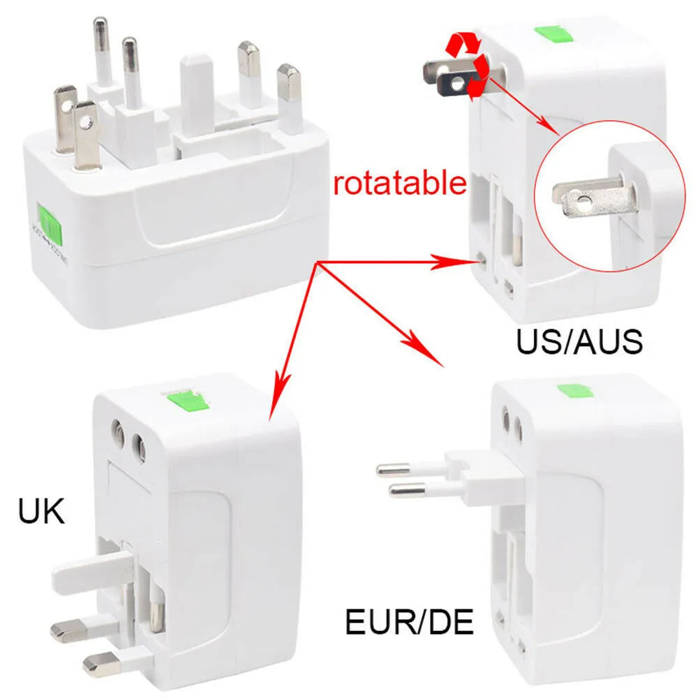 Universal Worldwide Travel Adapter – AU/UK/US/EU Plug Converter with AC Power Socket & Dual USB Charging Ports