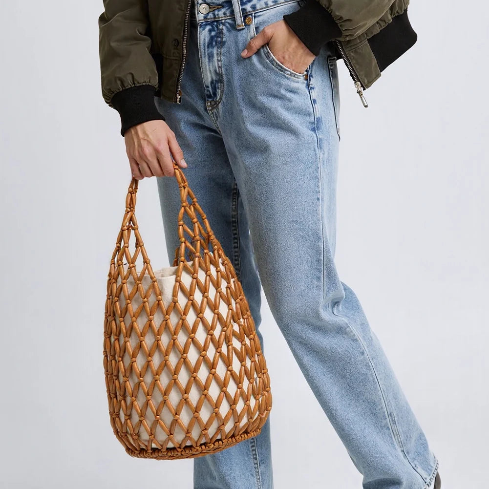 Women Woven Wicker Tote Bag – Hollow-Out Wooden Bead Hand-Bag with Canvas Netted Body, Beach & Summer Shoulder Bucket Bag