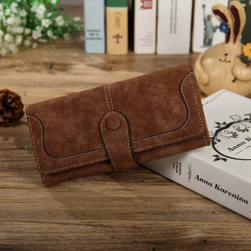 Women’s Faux Suede Long Wallet – Folding Buckle Purse with Phone Pocket, Card Holder & Elegant Clutch Gift Bag