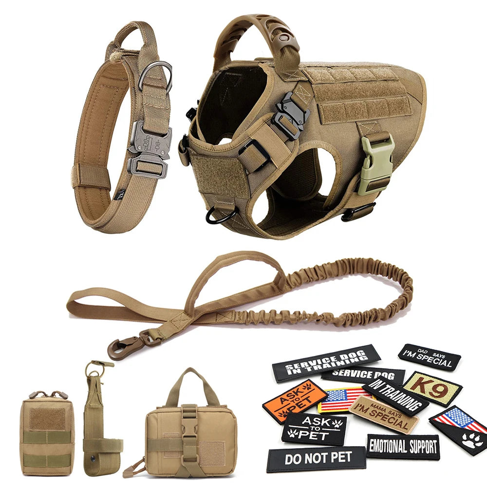 Military Tactical Large Dog Harness Set – Training Vest with Collar, Leash, Bags & Patches for Malinois & Large Breeds