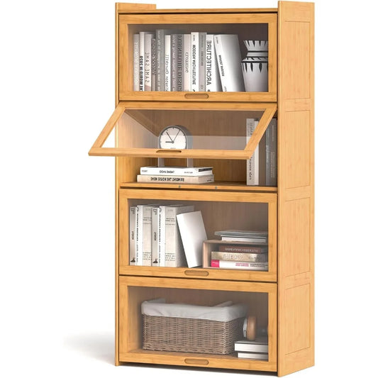 🎋 4-Tier Bamboo Bookcase with Clear Flip-Up Doors – 55" Freestanding Bookshelf & Cube Storage Organizer with Shelves