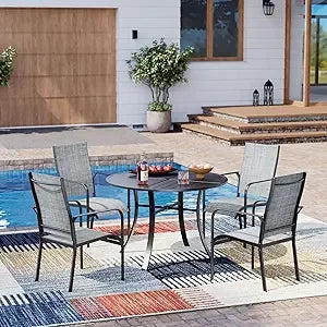 “7-Piece All-Weather Rattan Patio Dining Set – 60” Wood-Top Table with Umbrella Hole & 6 Cushioned Chairs for Outdoor Garden & Backyard”