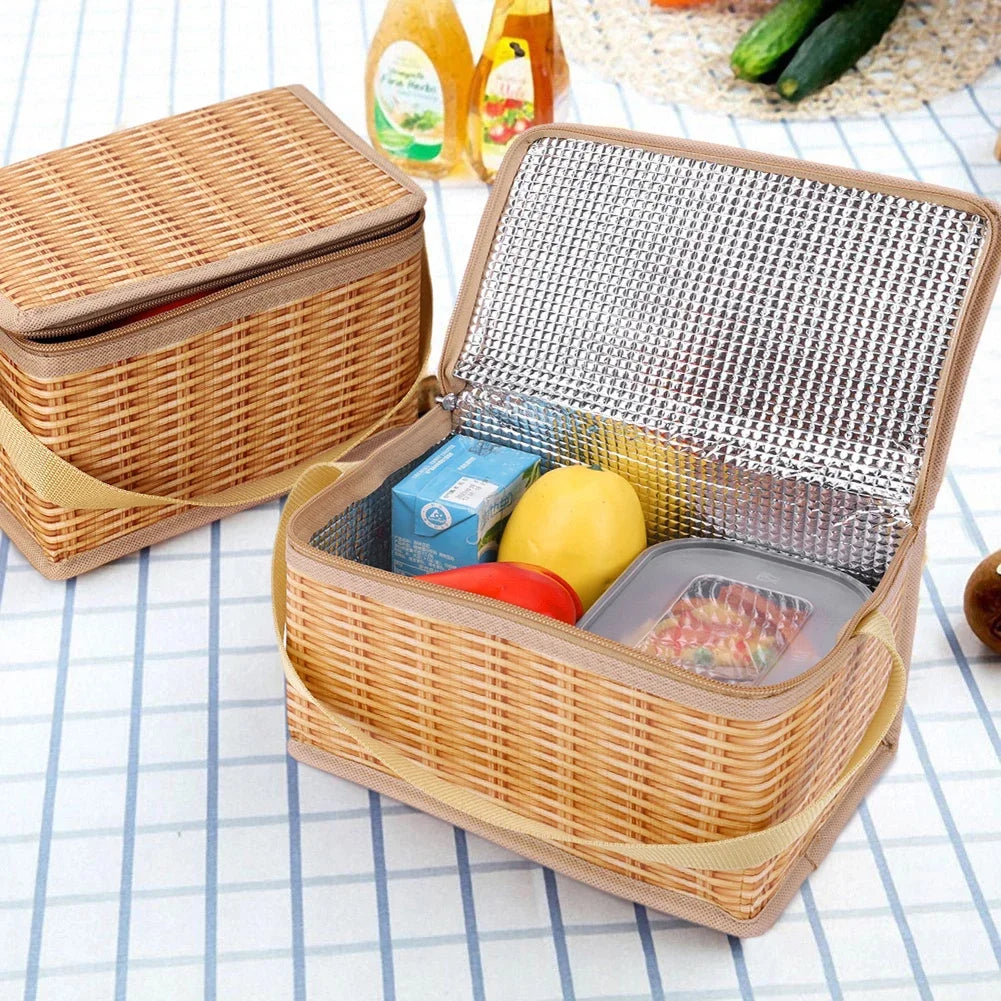 Wicker-Style Insulated Picnic Cooler Bag – 22×14×12 cm Outdoor Lunch Basket with Strap & Zipper