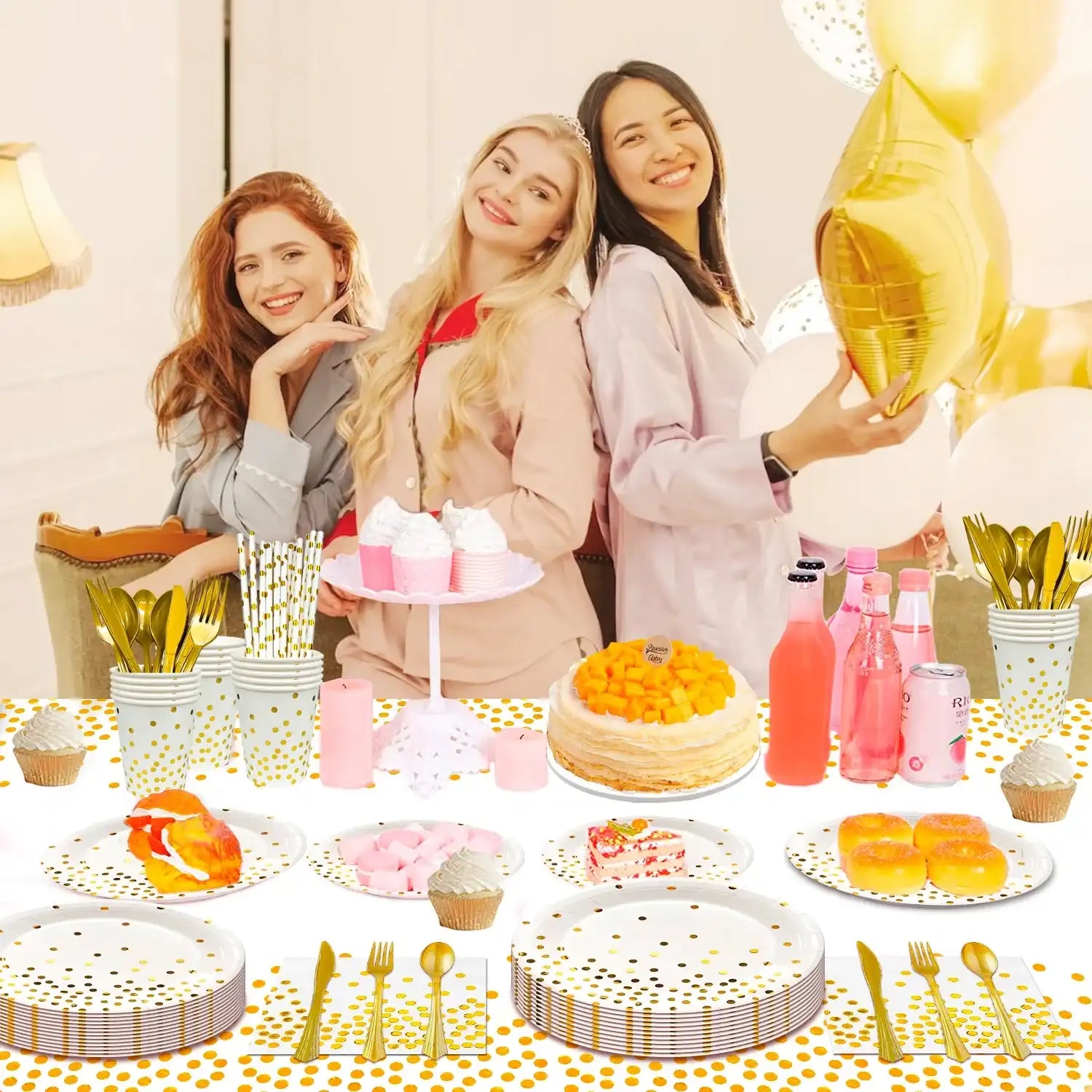 1- Product Title: Elegant White & Gold 129-Piece Party Paper Plates & Napkins Set