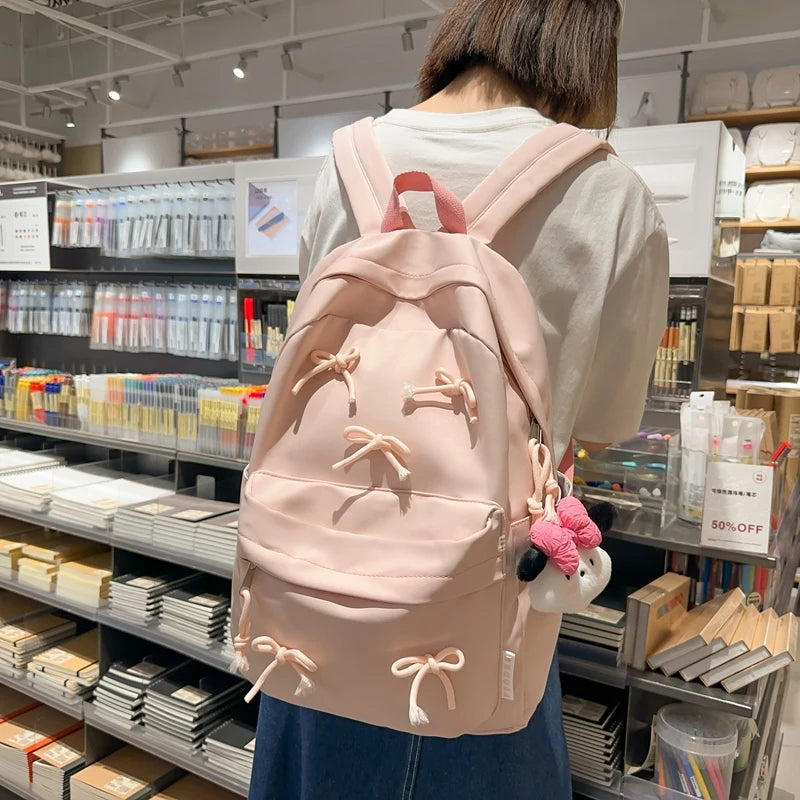 Fashion Bow Laptop Backpack – Large-Capacity Student Rucksack | Stylish Solid-Color Multi-Pocket Travel Daypack
