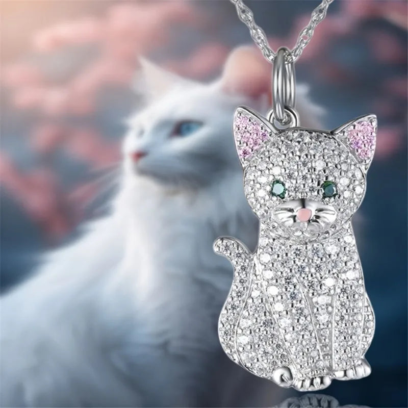 Cute White Cat Pendant Necklace – Adorable Pink-Ear Kitten Cartoon Jewelry for Women & Girls, Perfect Birthday Gift