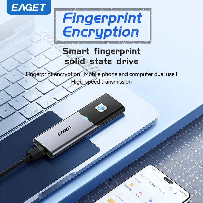 EAGET Fingerprint Encrypted Portable SSD 1TB/2TB – USB 3.2 Type-C Solid State Drive for PS5, PS4, Laptop & MacBook
