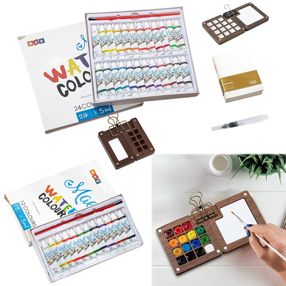 Mini Portable Watercolor Palette Set – Wooden Grid Paint Box with Multi-Colors for Artists, Students & Beginners