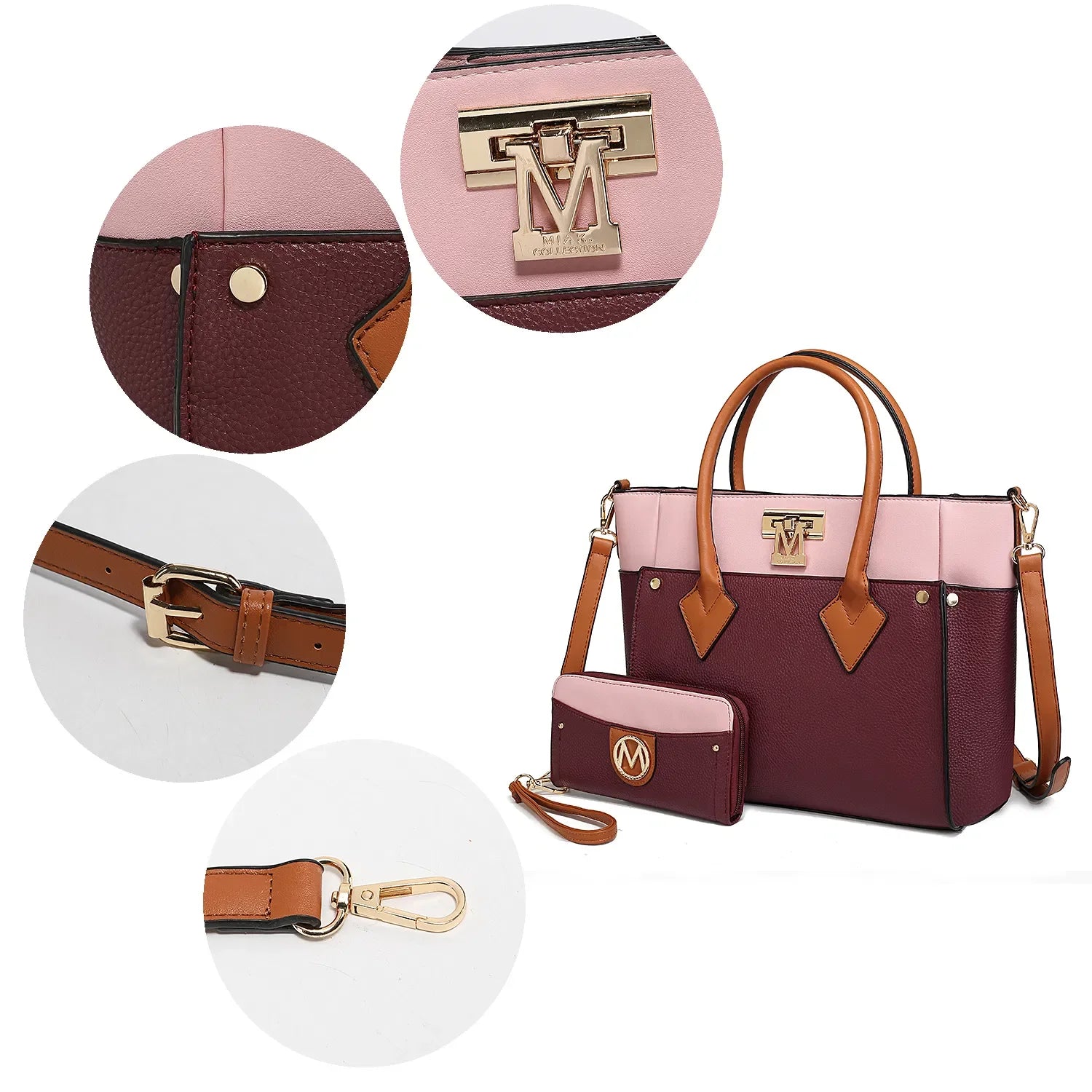 Large Capacity Color Block Vegan Leather Women’s Tote Bag 👜 + Matching Wallet – 2-Piece Set