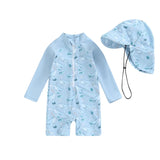Lioraitiin Baby Boy Swimwear Set – Whale Print Long Sleeve Rash Guard Swimsuit with Matching Sun Hat, Toddler Bathing Outfit