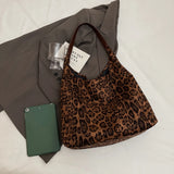 Women’s Suede Shoulder Bag with Magnetic Closure – Leopard Print Hobo Satchel