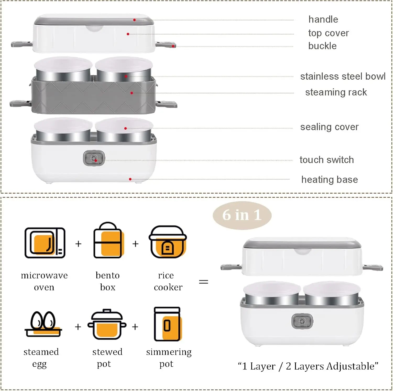 2-Layer 2-L Electric Lunch Box – Portable Self-Cooking Food Warmer Bento Container