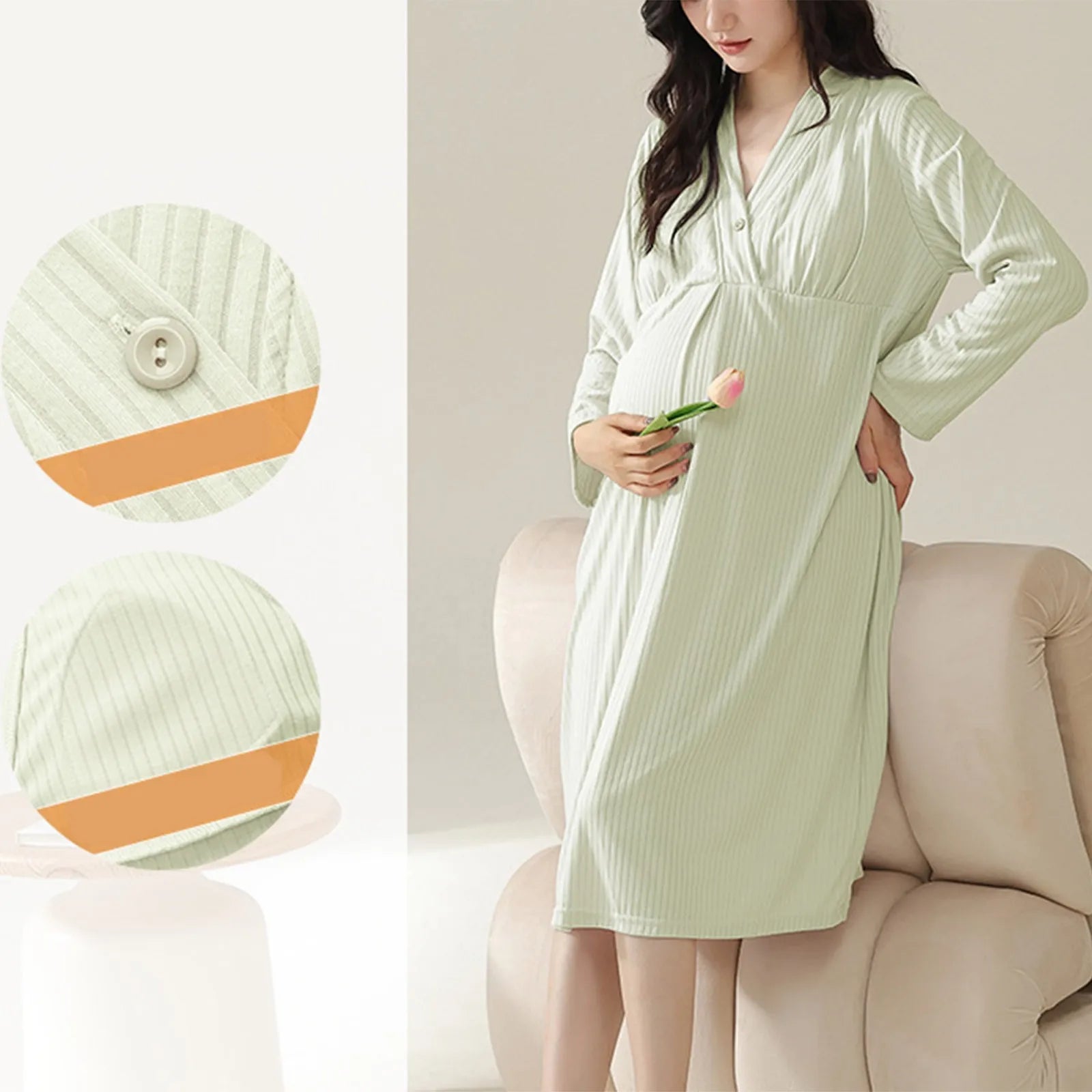 Women’s Maternity Nightdress – Long Sleeve Breastfeeding Summer Dress with Thin Fabric & Built-In Breast Pads