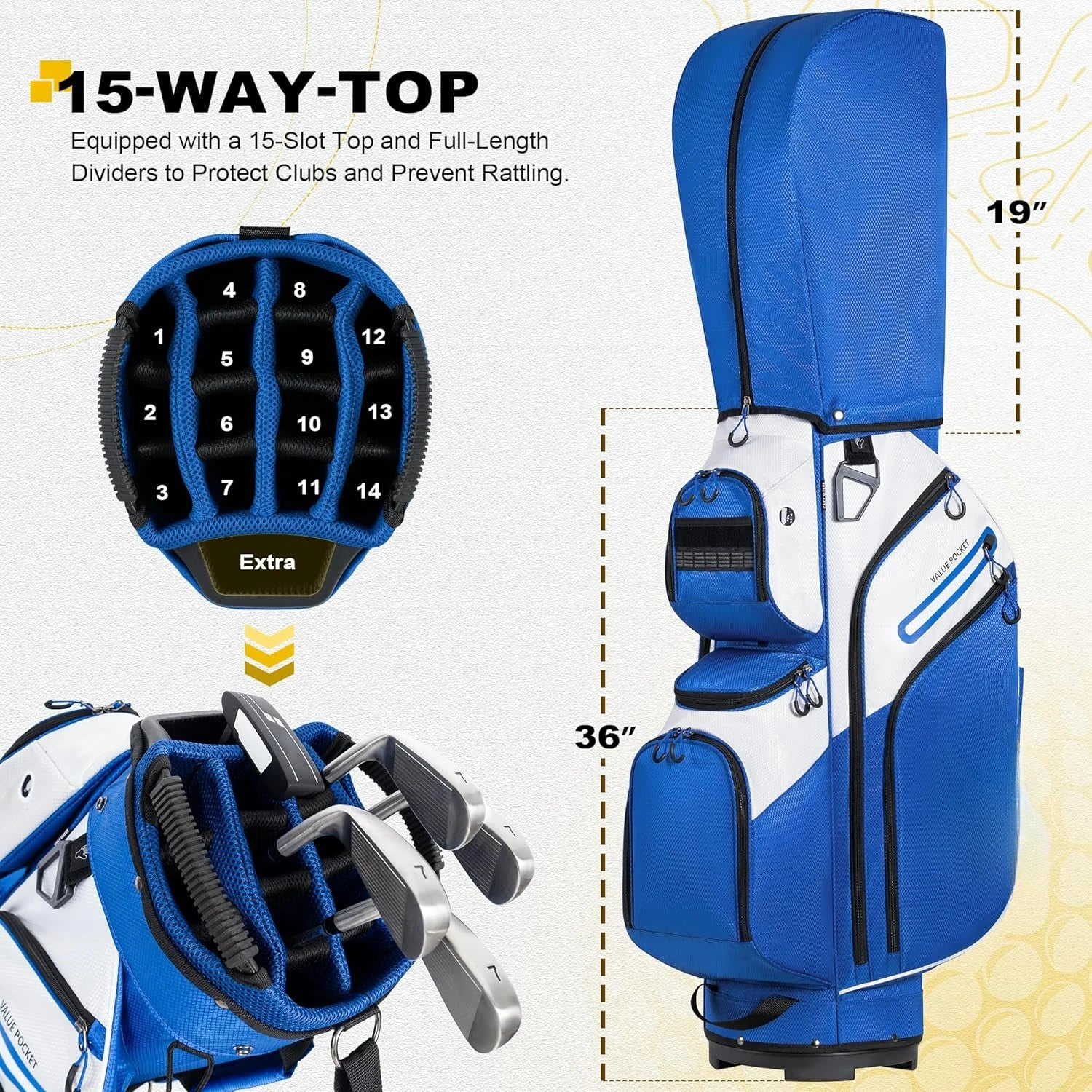 15-Way Cart Golf Bag – Organizer Divider Top, Grab Handles & Rain Cover