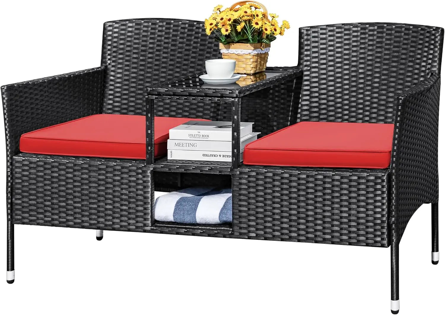 “Outdoor Patio Loveseat – Modern Rattan 2-Seat Conversation Set with Cushions & Built-in Coffee Table for Garden & Porch”
