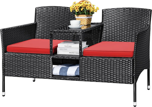 “Outdoor Patio Loveseat – Modern Rattan 2-Seat Conversation Set with Cushions & Built-in Coffee Table for Garden & Porch”