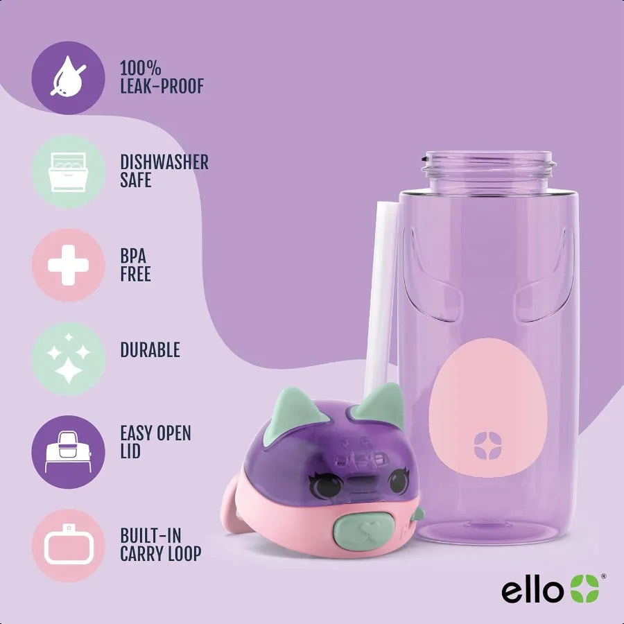 Ellies 16 oz Tritan Kids Water Bottle – Straw Lid, Carrying Handle & Leak-Proof Design for School & Lunchbox