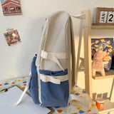 Preppy Style Contrast Color Canvas Backpack for Women – Student Knapsack with Decorative Pendant