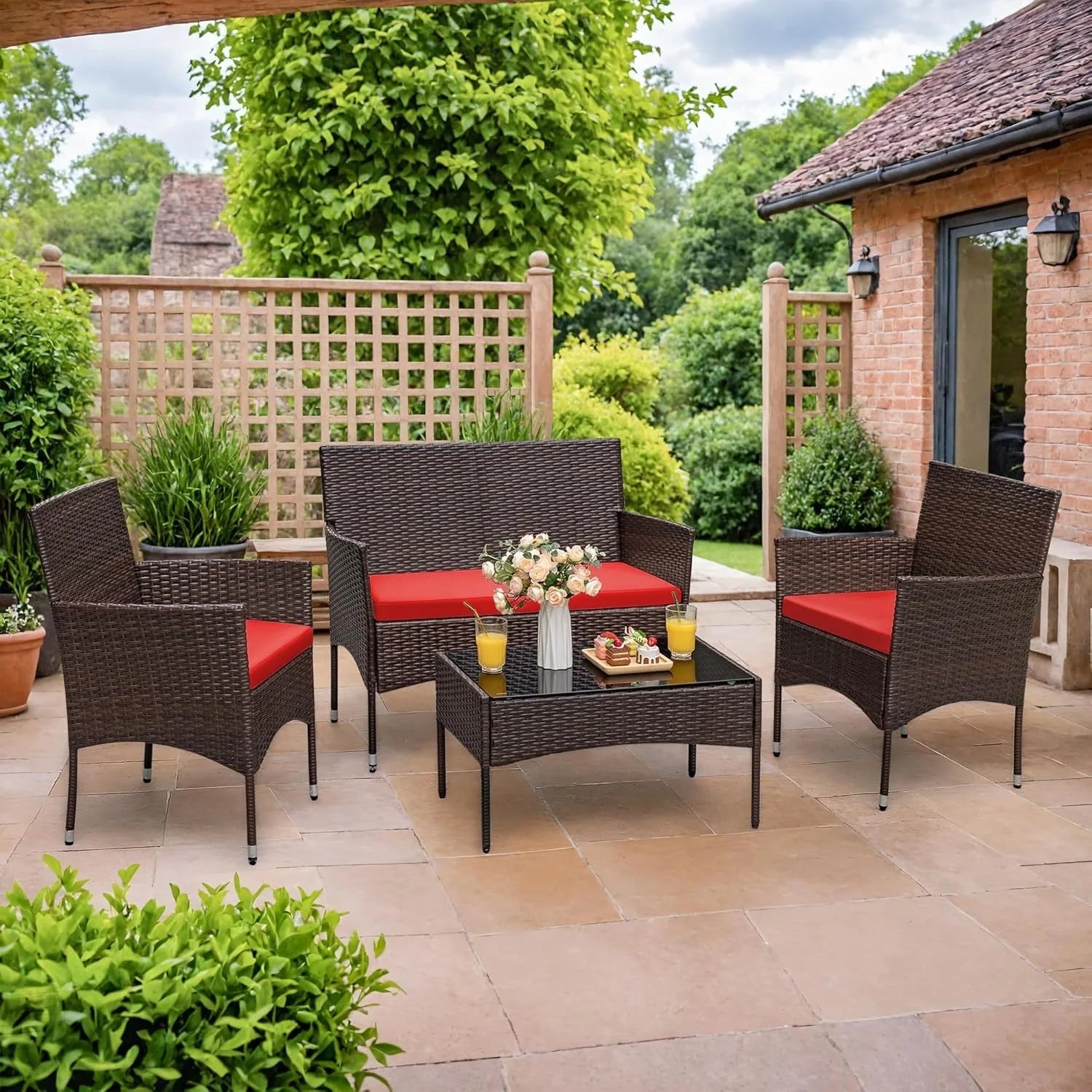 4-Piece Red Rattan Wicker Patio Chair Set – Outdoor & Indoor Furniture for Garden, Poolside, Balcony, and Porch