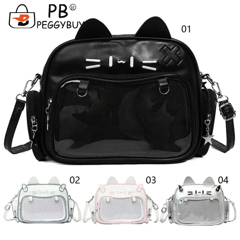 Cute Cat PU Crossbody Bag — Adjustable Strap Shoulder Purse with Clear Pocket for Women & Girls