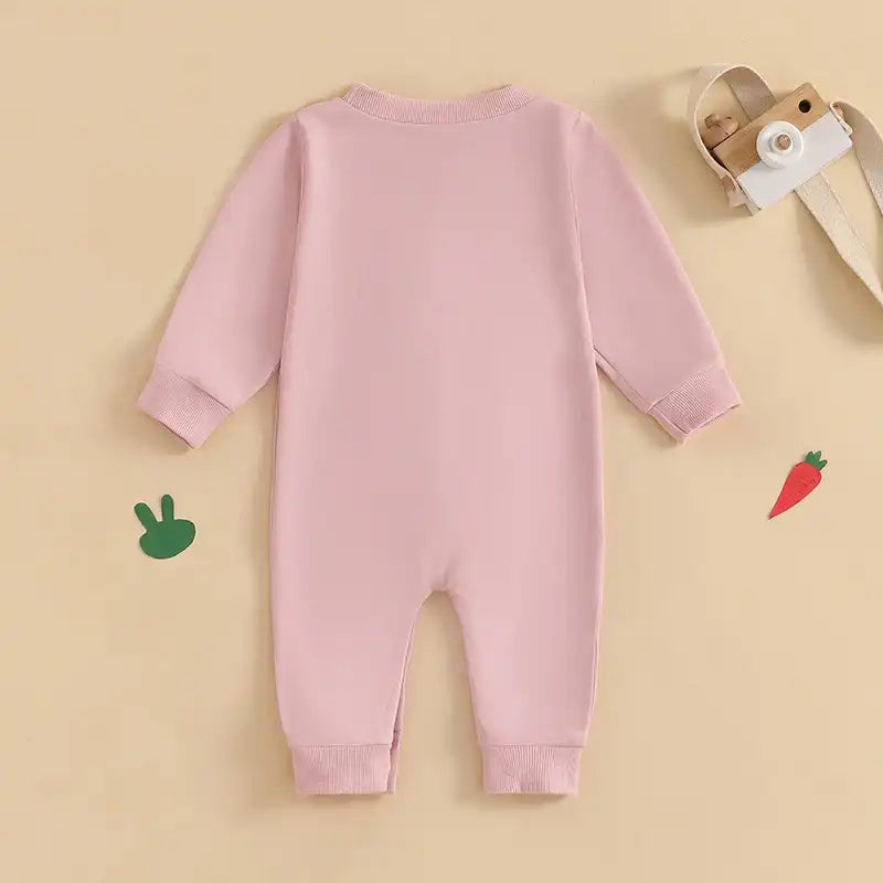 Plush Bunny Embroidery Romper Jumpsuit – Long Sleeve Crew-Neck Spring Infant Outfit for Baby Girls & Boys