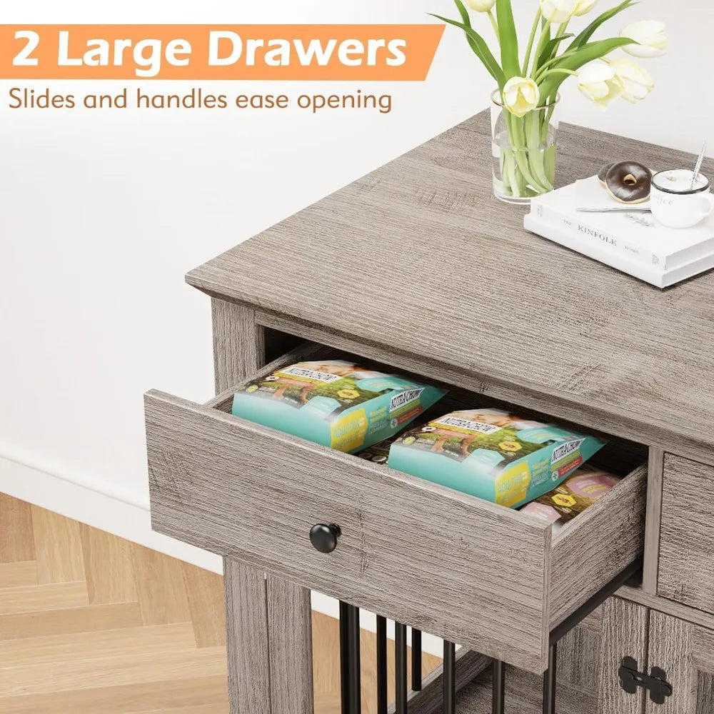 44" Wooden Dog Crate Furniture – Indoor Heavy-Duty Kennel with 2 Storage Drawers for Large Dogs