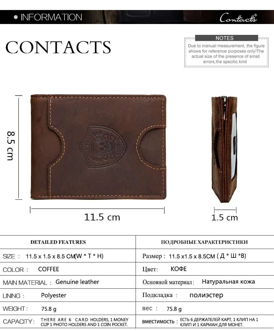 CONTACT’S Genuine Leather RFID Wallet – Slim Bifold Money Clip with Card Holder & Coin Pocket for Men