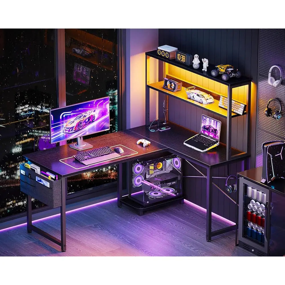 43″ L-Shaped Gaming Desk – Reversible Corner Computer Desk with LED Lighting, Power Outlets & Storage Shelves