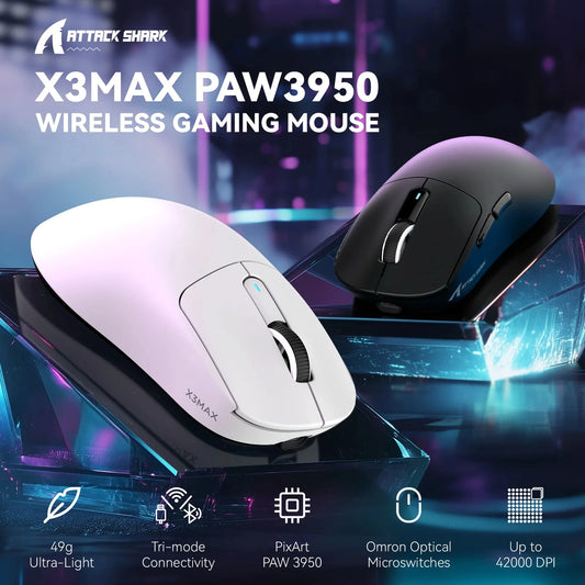 Attack Shark X3MAX Wireless Gaming Mouse – PAW3950 Optical Sensor with Adjustable DPI, Lightweight Design & RGB Backlight
