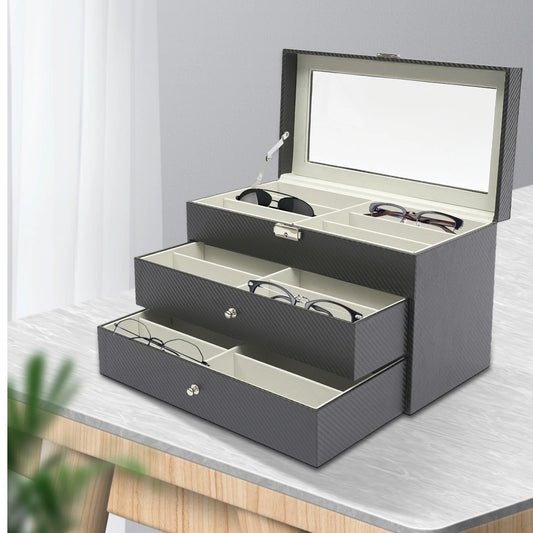 3-Tier Eyeglasses Storage Box – Drawer Style Sunglasses Organizer with 18 Individual Compartments