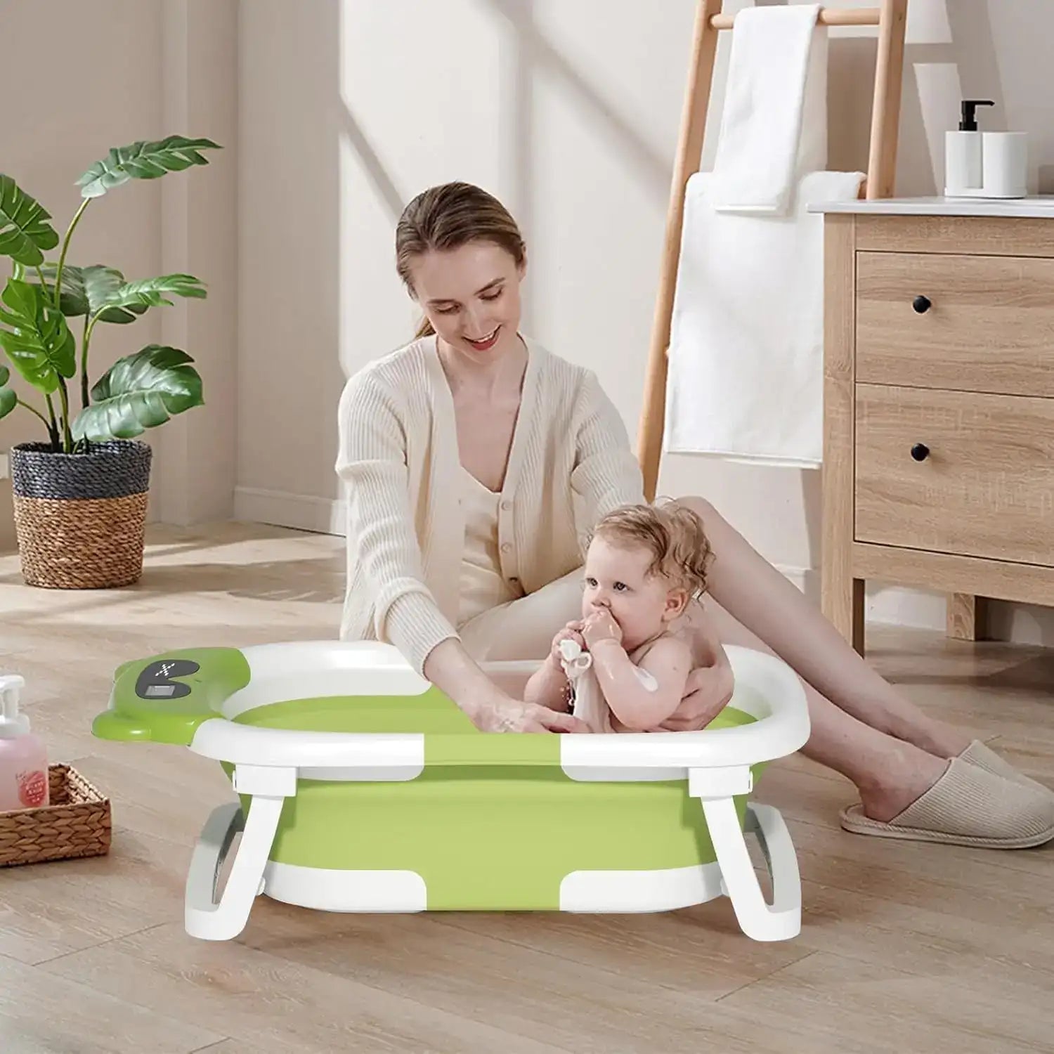 Foldable Baby Bathtub with Thermometer & Floating Cushion – Newborn to Toddler (0-36 Months)