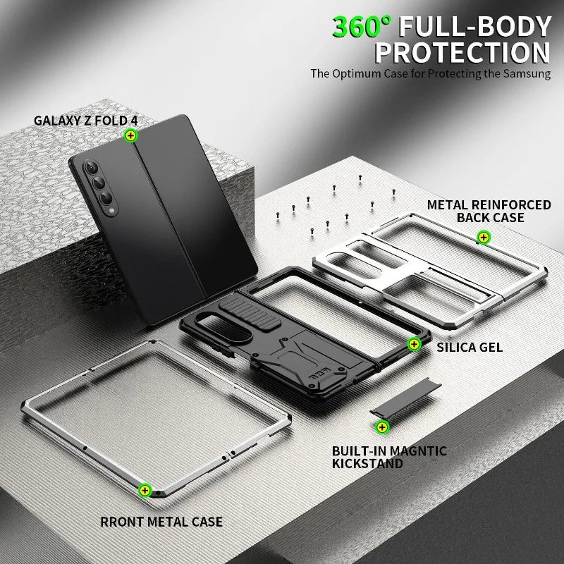 Heavy Duty Armor Metal Aluminum Case – Shockproof Military Stand Cover with Screen Protector for Samsung Z Fold 4