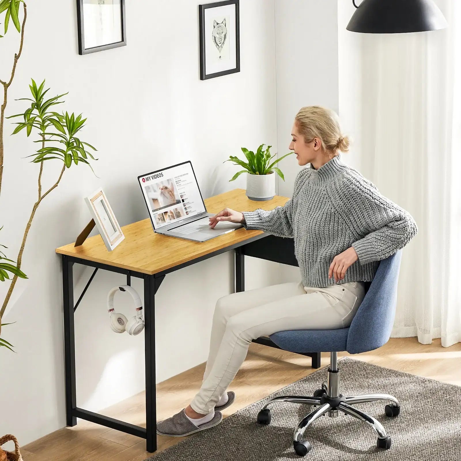 1- Product Title: Sleek Compact Computer Desk with Side Storage Bag & Headphone Hook