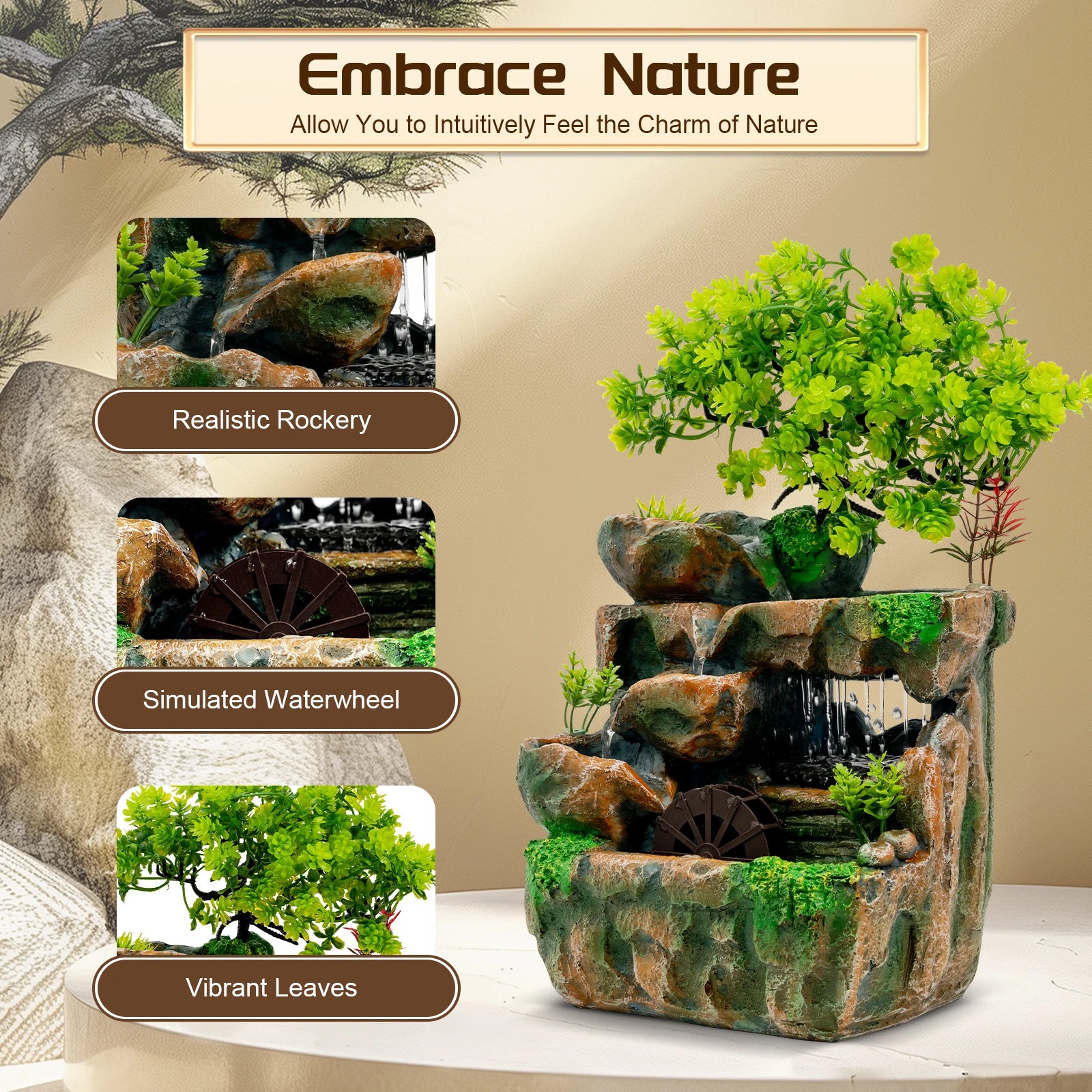 LED Tabletop Resin Fountain – Rockery Water Ornament with LED Light for Relaxing Home & Office Décor