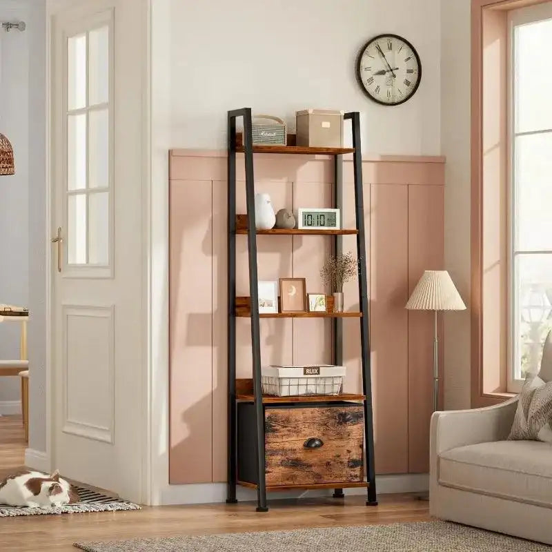 5-Tier Ladder Shelf, Ladder Bookshelf with Removable Drawer, Rustic Bookcase Storage Rack Organizer, Wood Metal Freestanding - PulinGO