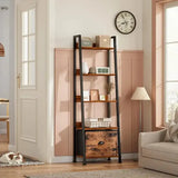 5-Tier Ladder Shelf, Ladder Bookshelf with Removable Drawer, Rustic Bookcase Storage Rack Organizer, Wood Metal Freestanding - PulinGO