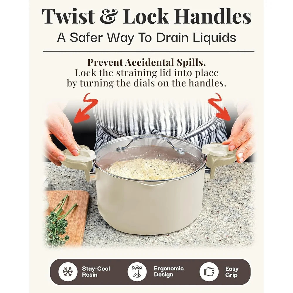 5-Quart Nonstick Ceramic Stock Pot with Glass Lid – Twist Lock Handles & Strainer for Easy Cooking 🍲✨