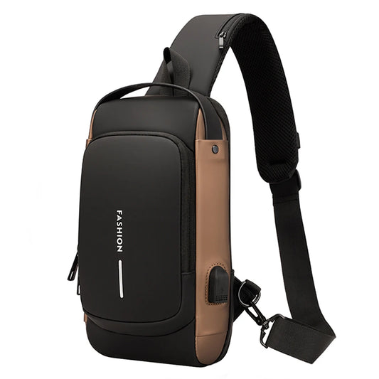 Men's PU Leather Chest Bag – Waterproof Anti-Theft Crossbody Sling with USB Charging Port for Travel & Sports