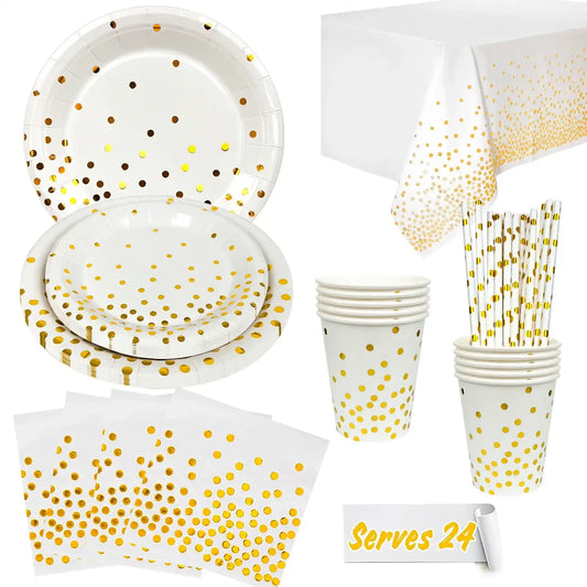 White & Gold Disposable Party Dinnerware Set (121pcs) – Elegant Plates, Cups & Napkins