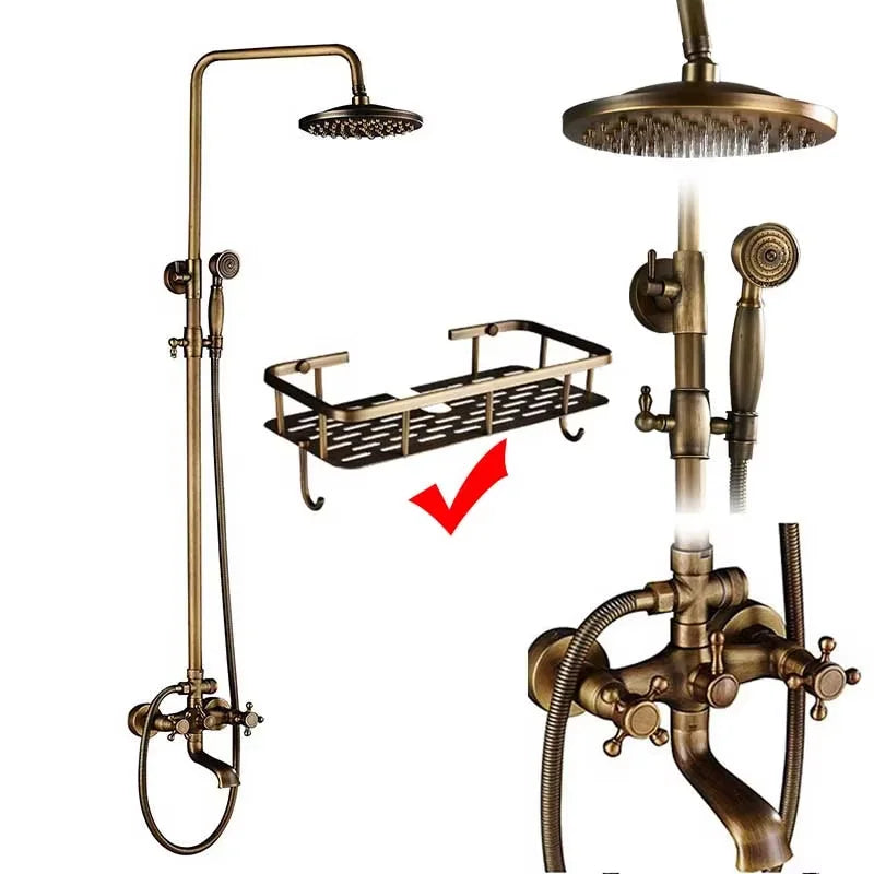 Antique Brass Shower Faucet Set – Wall-Mounted Rainfall Head with Dual Handles Hot & Cold Mixer Tap