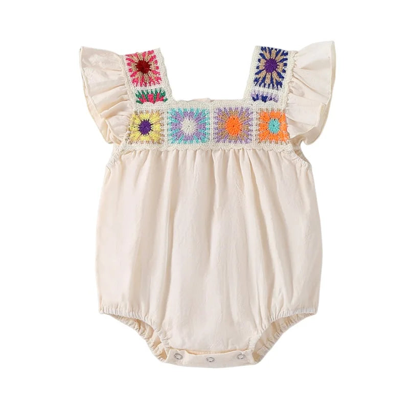 Lioraitiin Baby Girl Summer Romper – Newborn Fly Sleeve Bodysuit with Square Neck & Crochet Flower Design Playsuit