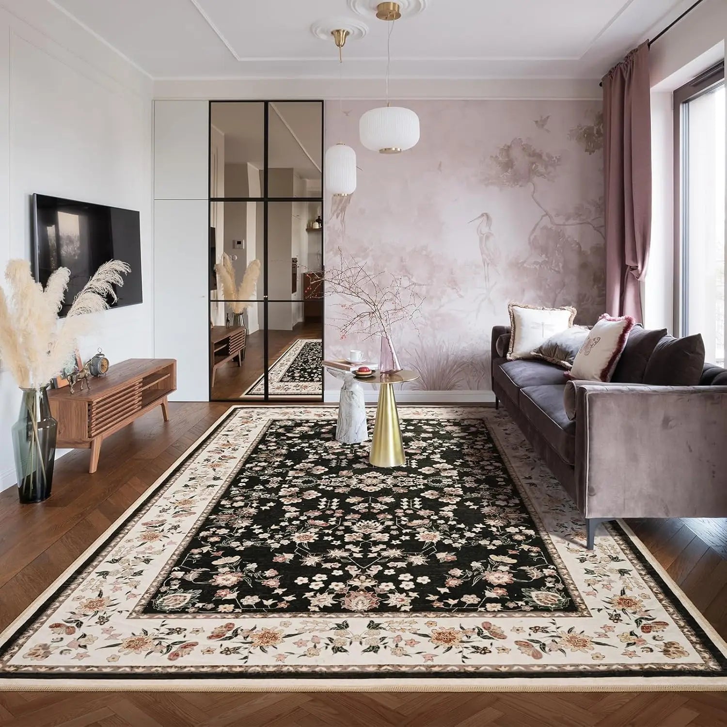 Vintage Floral Washable Area Rug – Soft Low-Pile Non-Slip Carpet for Living Room & Bedroom