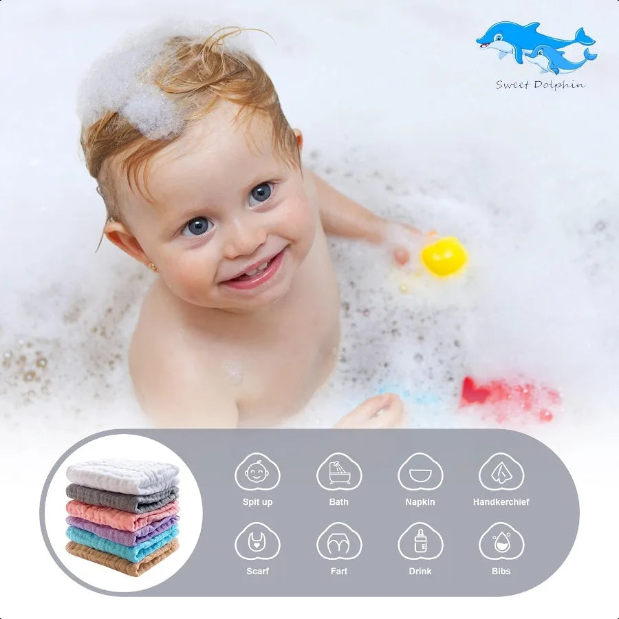 12-Pack Baby Muslin Washcloths – Soft & Absorbent Face Cloths for Newborn Bath, Wipes & Burp Rags